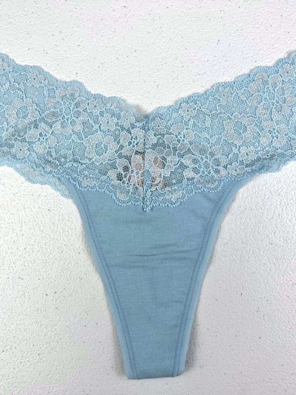 Victoria's Secret Glittery Lace Waist Baby Blue Cotton Thong Panty. Size Small